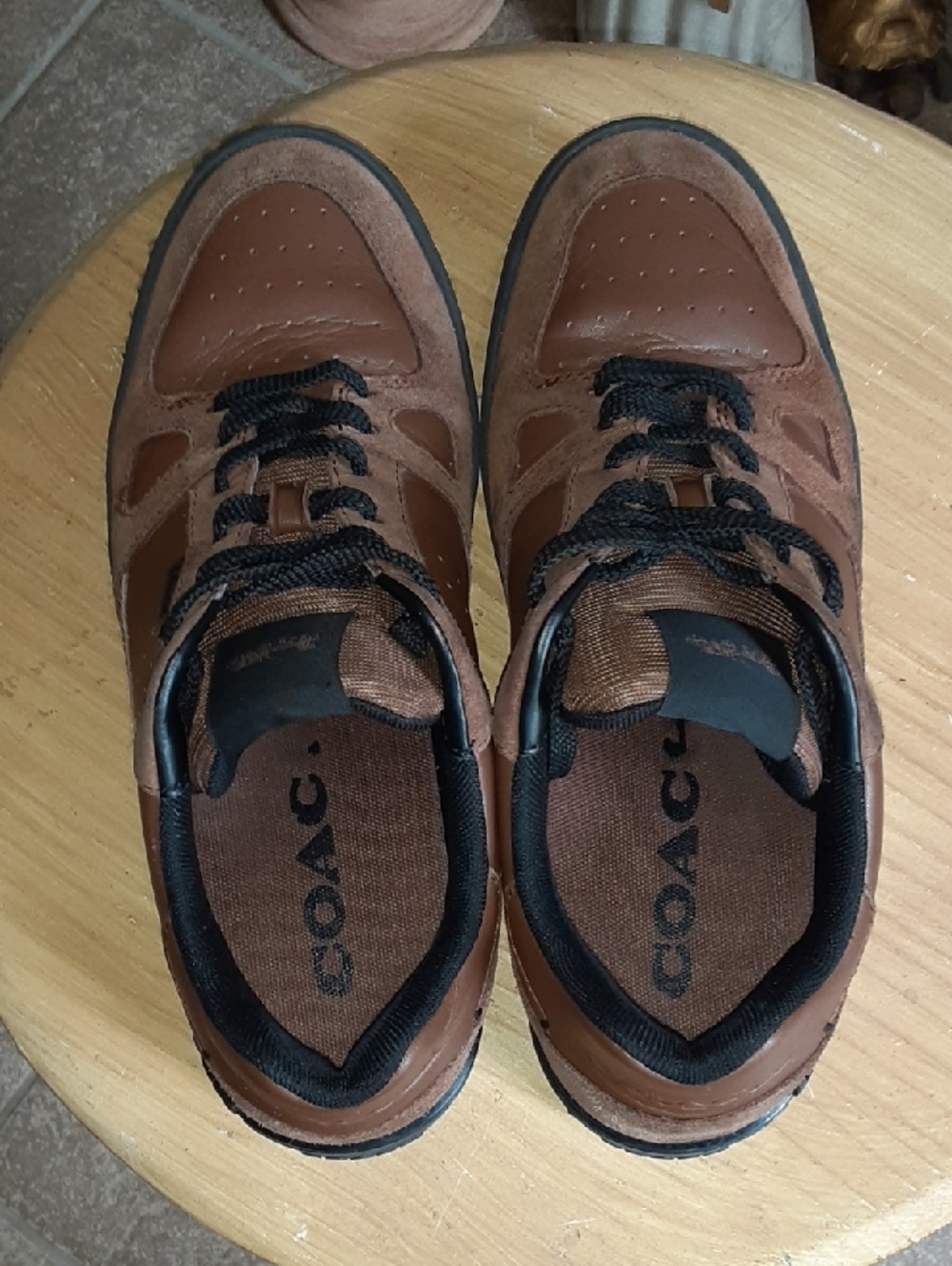Coach Men's Clip Court Leather Suede Low Top Sneakers Saddle Brown Black 8.5D - Picture 4 of 13